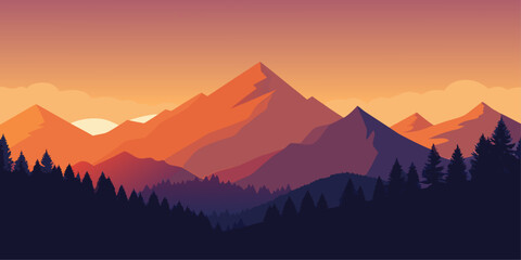 Mountain Peaks and Pine Forest at Sunset mountains
