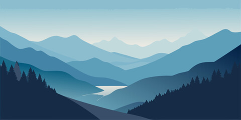 Serene Mountain Landscape with River and Forest Layers