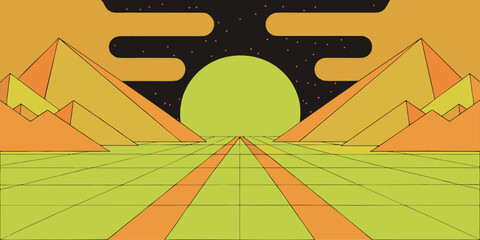Retro Sci- Fi Landscape with Pyramids and Grid Floor
