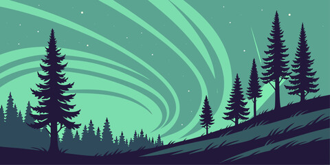 Silhouette of Pine Forest Under Aurora Borealis