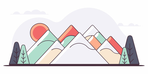 Stylized Mountain Range with Sun and Trees