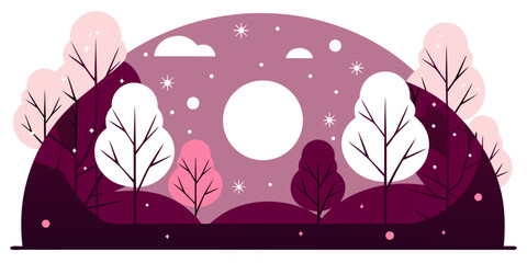 Whimsical Pink and Purple Forest Scene with Moon trees