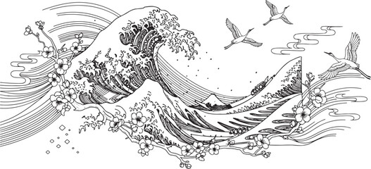 Obraz premium Traditional Asian Ink Style Illustration with Cherry Blossoms