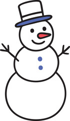 Cute cartoon snowman with a blue-banded top hat, red carrot nose, and friendly smile, designed in a simple festive style.