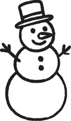 Simple black and white doodle of a cheerful snowman wearing a top hat and smiling, drawn in a cute minimalist hand-drawn style.