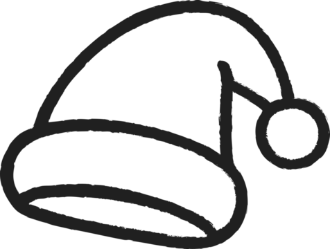 Simple black and white doodle of a Santa hat with a fluffy pom-pom, drawn in a playful minimalist hand-drawn style. - Powered by Adobe