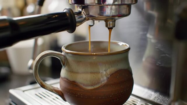 Espresso coffee dispensing into a mug in a kitchen; blurred objects background, for beverages, drinks