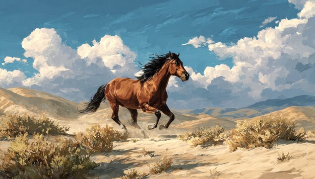 Wild horse runs through desert landscape under blue sky with clouds