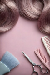 Champagne Pink S‑Wave Hair Banner with Pastel Salon Tools, Vertical Poster, Copy Space