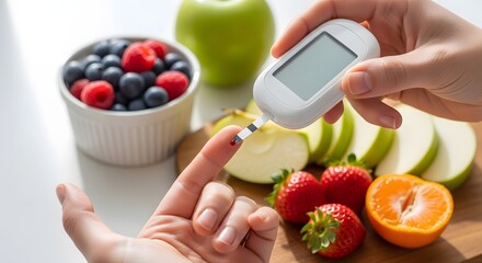 Healthy lifestyle and diabetes management concept with fresh fruits and glucometer for healthy eating and blood sugar monitoring