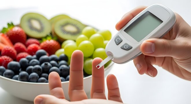 Healthy lifestyle and diabetes management concept featuring fresh fruits and blood glucose monitoring for a balanced diet and health awareness - Powered by Adobe