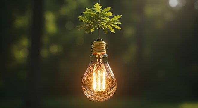 Innovative green energy concept with tree growing inside light bulb in a nature background