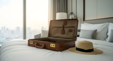Travel preparation scene with open suitcase and straw hat in modern hotel room