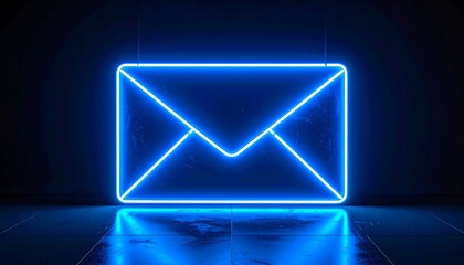 A glowing blue neon envelope hangs against a dark wall, reflected in a glossy tile floor