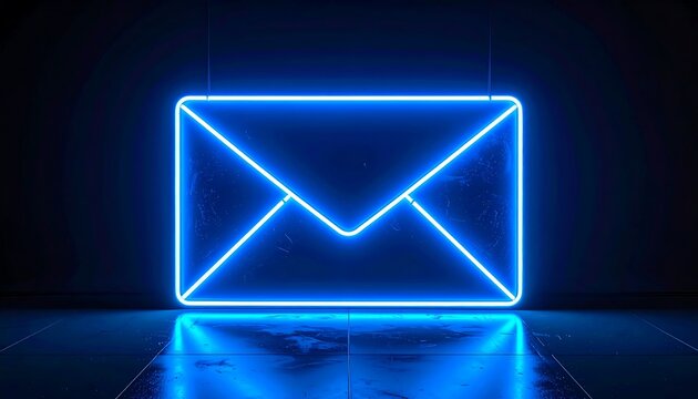 A glowing blue neon envelope hangs against a dark wall, reflected in a glossy tile floor