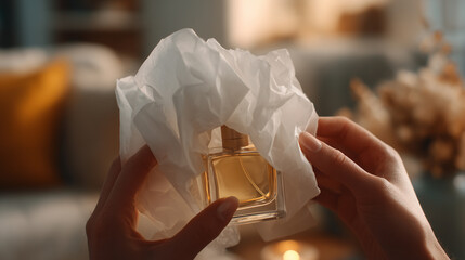 Hands Unwrapping a New Product from Tissue Paper