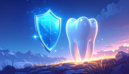 A glowing tooth with shield floats on a hill under a starry sky with mountains in the background