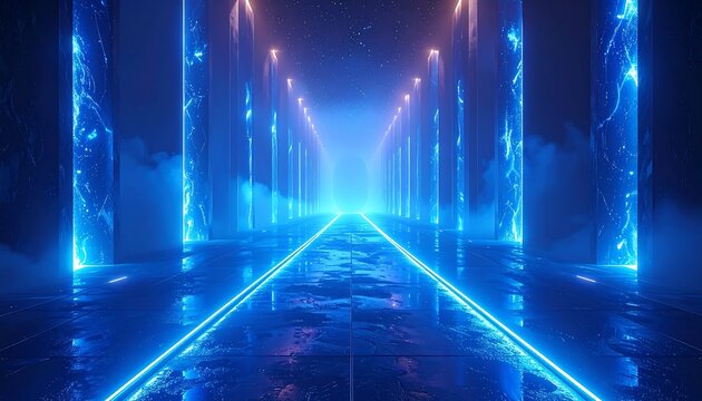 A glowing blue corridor stretches into the distance, framed by tall marble columns and a starry sky - Powered by Adobe