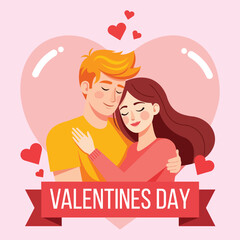 Romantic illustration of a couple embracing in front of a large heart with smaller hearts and a banner that says valentines day, symbolizing love and affection