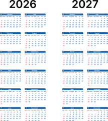 2026 and 2027 calendar template. Wall planner template design. Week starts on Sunday.