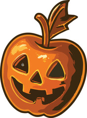 A glossy orange apple carved like a Halloween pumpkin with a smiling jack-o'-lantern face and a shiny brown stem.