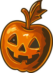 A glossy orange apple carved like a Halloween pumpkin with a smiling jack-o'-lantern face and a shiny brown stem.