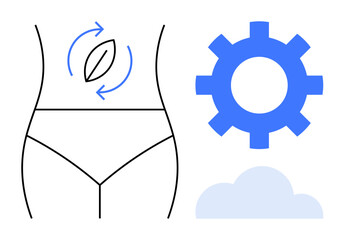 Minimalist design featuring a human waistline with arrows around a leaf symbol, a gear, and a cloud. Ideal for health, sustainability, fitness, self-care, eco-consciousness technology innovation. A