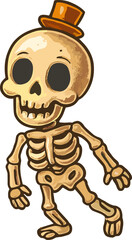 Cute cartoon skeleton wearing a small orange hat, smiling and dancing in a fun Halloween style.