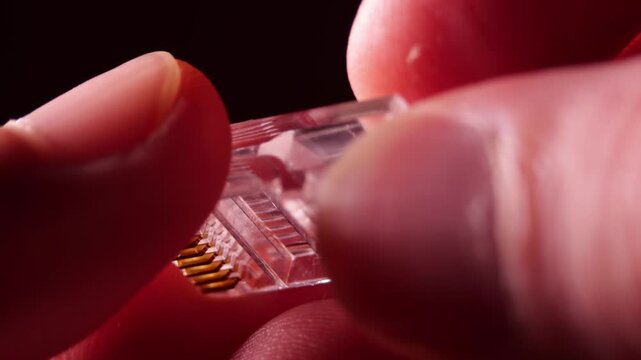 8-Pin Glass RG45 Network Connector Held by Network Administrator Fingers on Black Background, Close Up Motion Detail, Precise Hardware Interaction, IT Infrastructure Setup Action, Cabling or Networkin