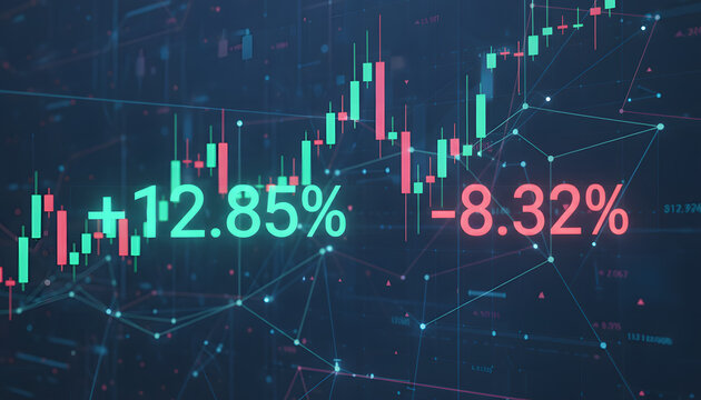 Dynamic financial market data showing upward and downward trends with percentages