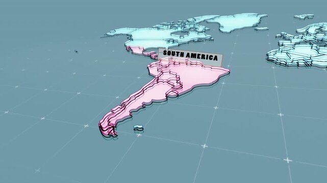a world map of South America, 3d rendering, animation