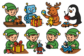 Cute christmas elves and toys celebrating the holidays and making gifts together