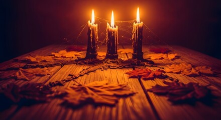 Cozy autumn evening with three candles on wooden table surrounded by fall leaves for seasonal decoration