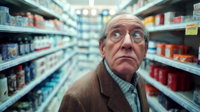 A closeup shot of an elderly man in a grocery store aisle, with a focus on his face and upper body. He is wearing glasses and a brown jacket.