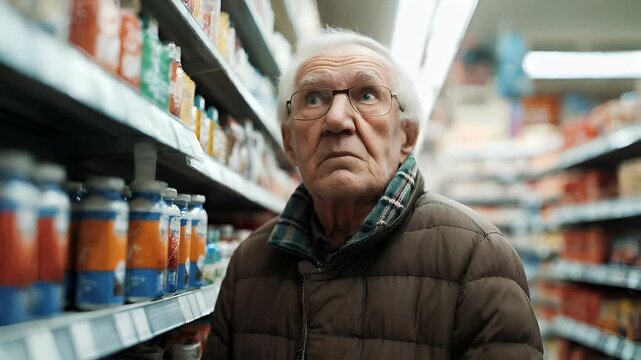 A closeup shot of an elderly man in a grocery store aisle. The man is wearing a brown jacket and a plaid scarf. He is looking directly at the camera with a serious expression.