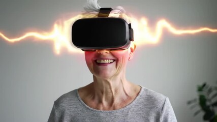 Happy senior woman in VR glasses, orange light effect, indoor home setting, for technology use - Powered by Adobe