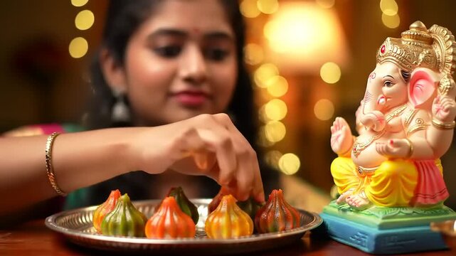Woman placing Modaks near Ganesha statue.