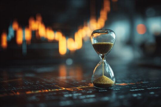 Symbolic Productivity Concept with Sand Timer and Financial Charts