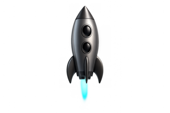 Rocket spaceship launching with blue fire, symbolizing startup growth, business success, and innovation on transparent background - Powered by Adobe