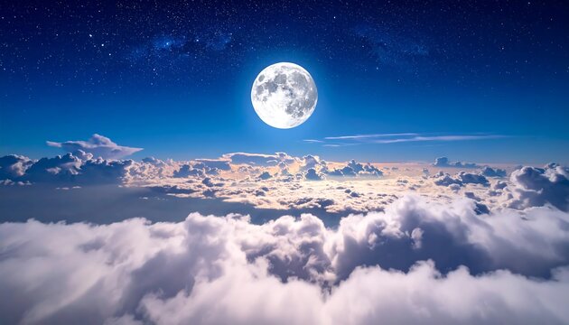 A large, luminous moon shines over fluffy, ethereal clouds against a deep blue, starlit sky