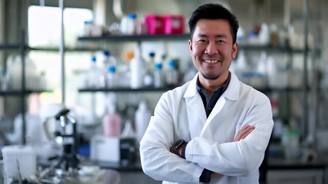 A man in a white lab coat stands confidently in a laboratory setting, his arms crossed. The lab is filled with various bottles and containers, suggesting a sterile environment.