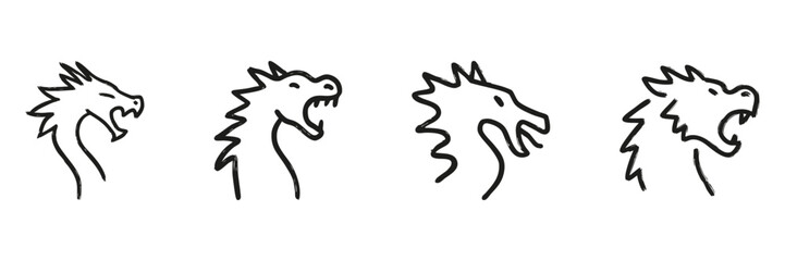 Dragon Head Line Icon Set In Doodle Style. Mythical Creature, Fantasy Symbol, And Legendary Beast Outline Collection. Hand Drawn Isolated Vector Illustration