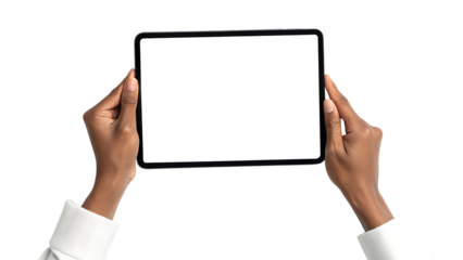 Two hands holding a modern tablet device with a blank white screen, cutout, PNG isolated on transparent background