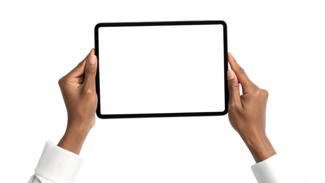 Two hands holding a modern tablet device with a blank white screen, cutout, PNG isolated on transparent background