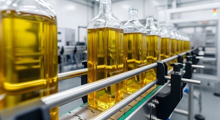 Olive oil bottling process in modern factory setting with glass bottles on conveyor belt