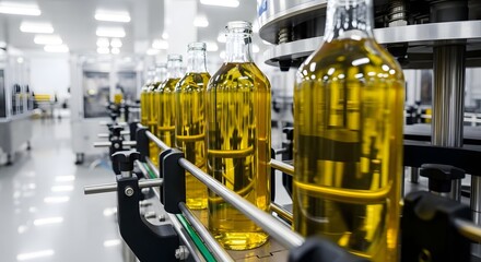 Modern olive oil production line featuring bottling process in industrial setting