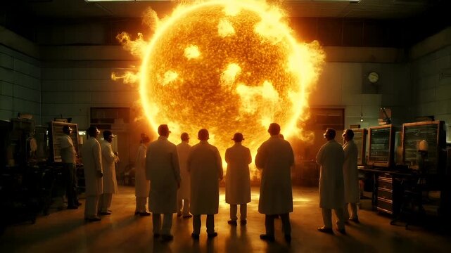 A scene from a science fiction film set in a laboratory. The main subject is a man in a white lab coat, standing in front of a large, fiery explosion.