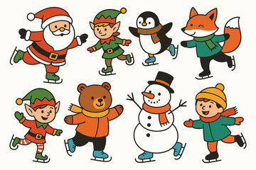 Charming christmas characters ice skating together in a festive winter scene