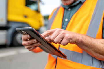 Worker using tablet in truck yard