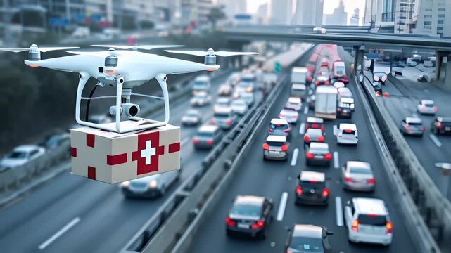 Aerial view of a busy highway with a drone hovering above, delivering medical supplies. The drone is white with orange accents and has a camera mounted on its front.
